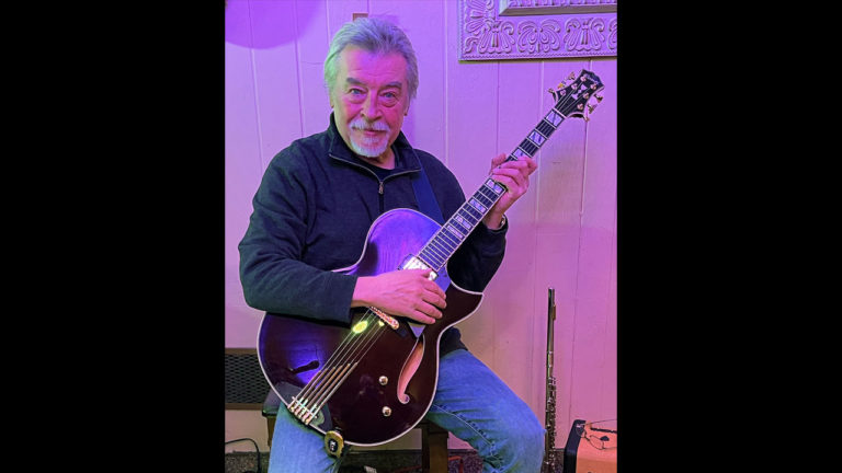 Dale Rawson with his new deep port wine Conti Entrada Archtop Jazz Guitar