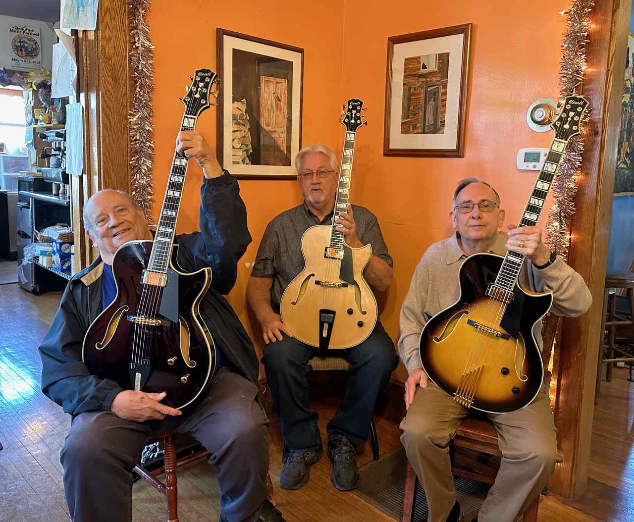Pete, Tom & Vince, the three amigos share a moment with their three Conti Entrada archtop guitars!
