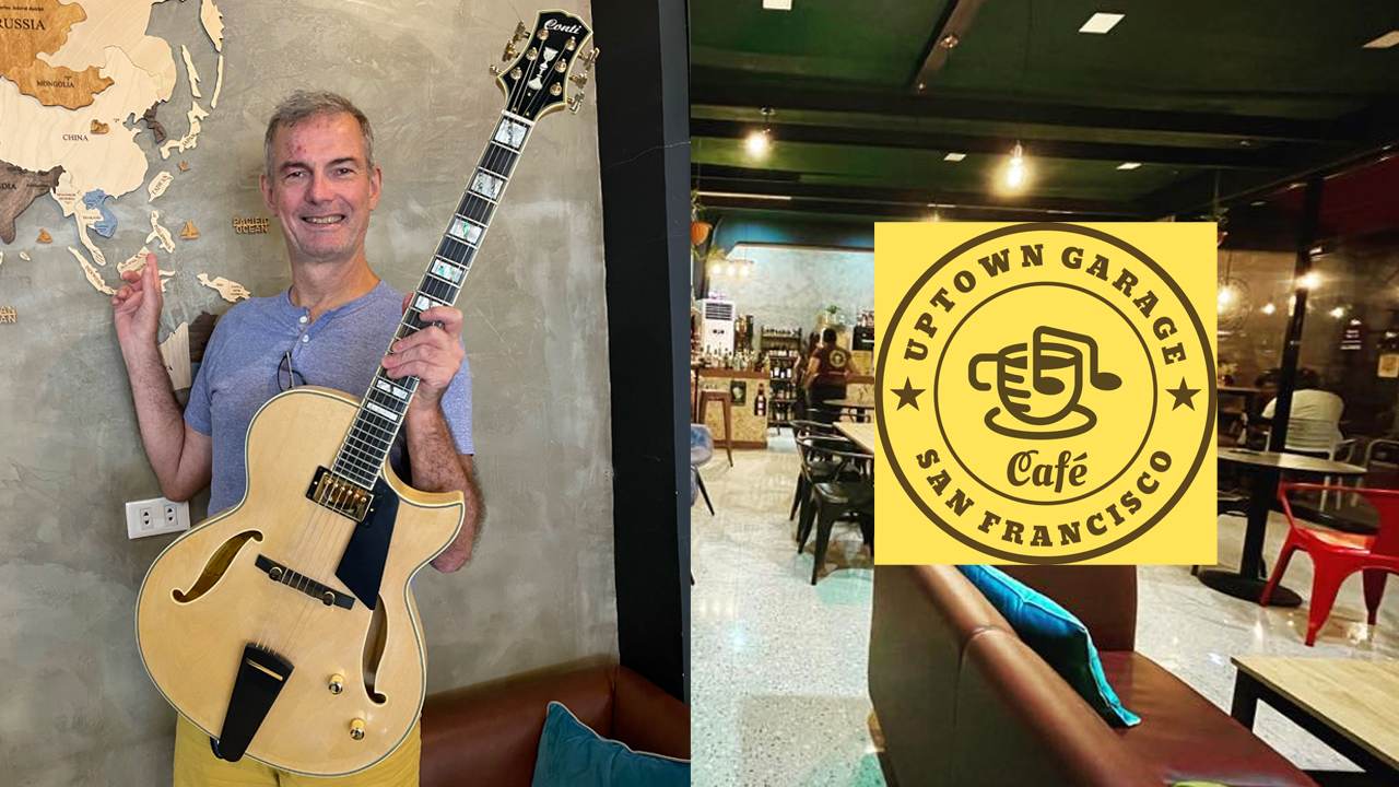 Loek Hagen stands with his gorgeous natural blonde Conti Entrada archtop guitar