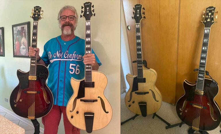 Peppino stands proudly with his TWO left handed Conti Entrada archtop jazz guitars!
