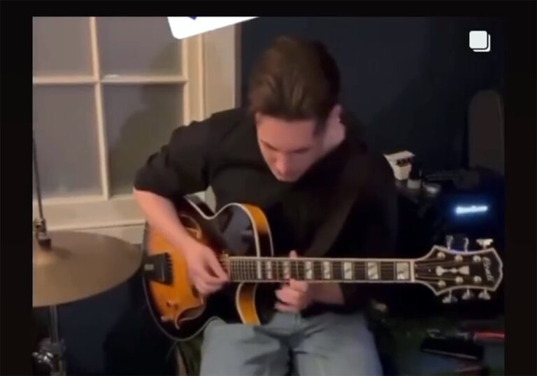 Alfie Dean of the UK in live performance with his Sunburst Conti Entrada archtop jazz guitar